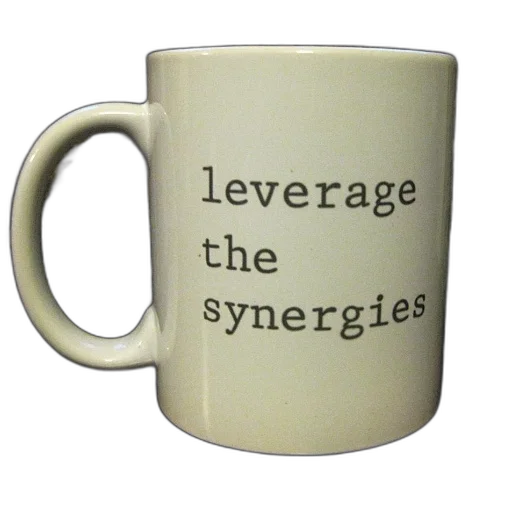 3d render, white, mug, words, leverage, synergies, written transparent PNG cut-out