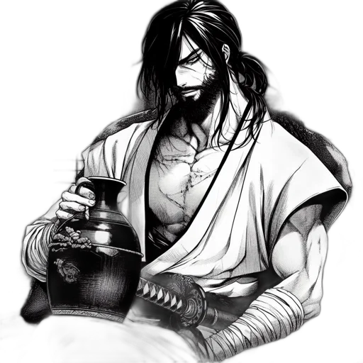 fantasy art, concept art, pencil sketch, watercolor, monochrome, illustrated, man, samurai transparent PNG cut-out