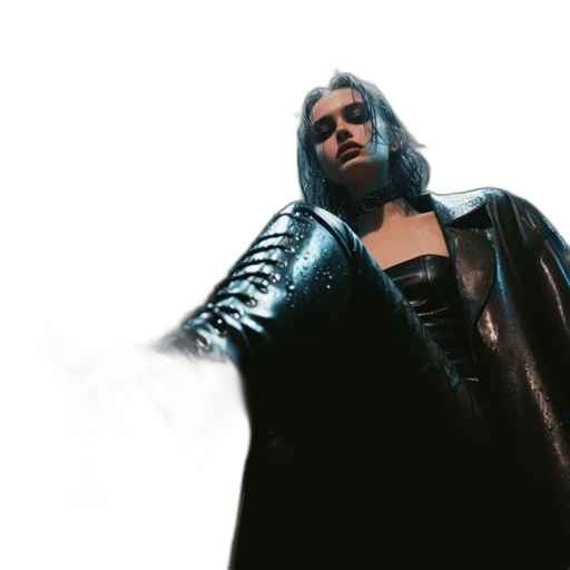 jacket, dress, creature, cyberpunk, concept art, neon lights, outer space, fire transparent PNG cut-out