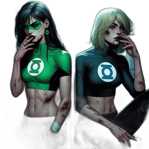 comic book art, concept art, fantasy art, cyberpunk, green, monochrome, neon, two transparent PNG cut-out