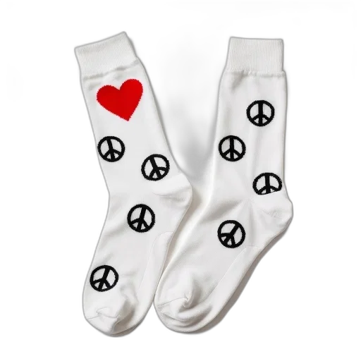 pair, white, socks, pattern, peace, signs, red, heart transparent PNG cut-out