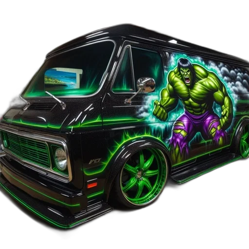 car, concept art, fantasy art, comic book art, 3d render, black, van, vibrant transparent PNG cut-out