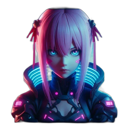 robot, face, cyberpunk, concept art, 3d render, anime, neon lights, neon transparent PNG cut-out