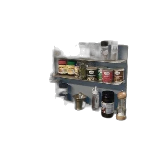 cluttered, kitchen, counter, various, spices, condiments, shelves, above transparent PNG cut-out