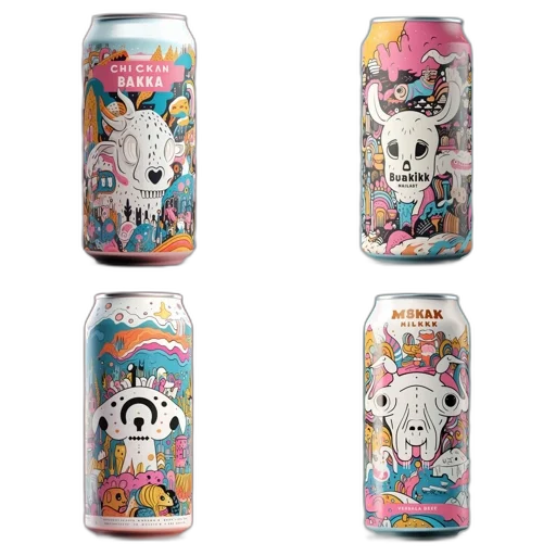 four, uniquely, designed, beverage, cans, each, distinct, vibrant transparent PNG cut-out