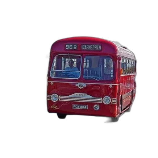 3d render, photorealistic, concept art, vintage, red, bus, destination, carnforth transparent PNG cut-out