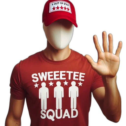 3d render, person, red, sweetee, squad, t-shirt, cap, out transparent PNG cut-out