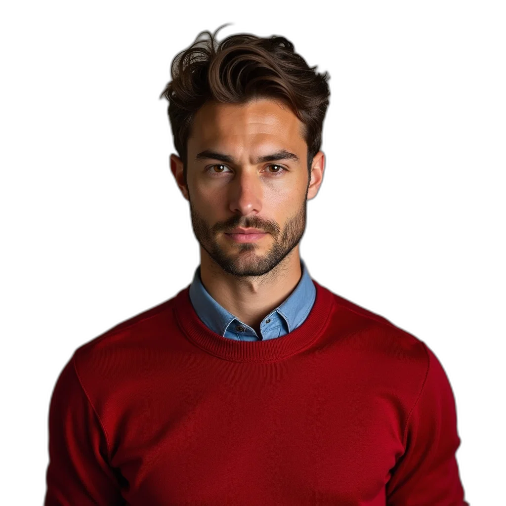 jacket, face, staff, hair, photorealistic, pixel art, red, man transparent PNG cut-out