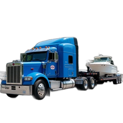 blue, semi-truck, flatbed, trailer, parked, lot, white, boat transparent PNG cut-out