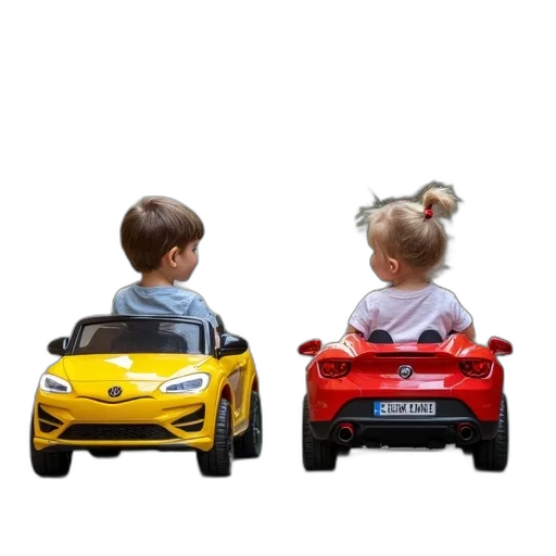 car, 3d render, photorealistic, two, children, sitting, toy, cars transparent PNG cut-out