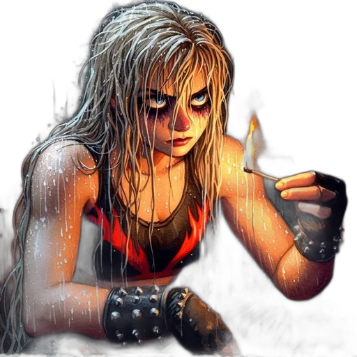 weapon, comic book art, concept art, fantasy art, pixel art, rain, fire, determined transparent PNG cut-out