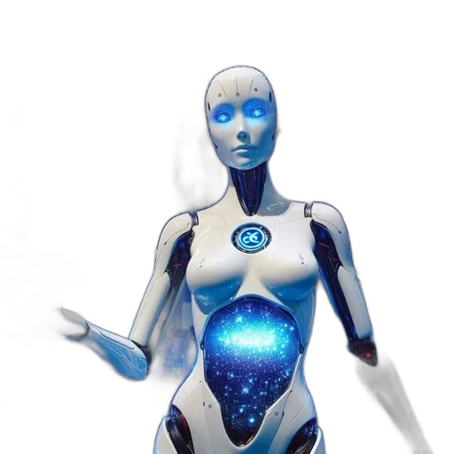 robot, dress, 3d render, concept art, cyberpunk, vaporwave, outer space, blue transparent PNG cut-out