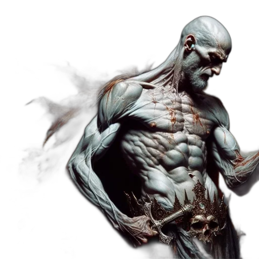comic book art, concept art, cyberpunk, photorealistic, gaunt, tattooed, man, wields transparent PNG cut-out