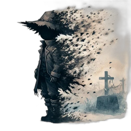hat, weapon, jacket, sword, concept art, fantasy art, comic book art, watercolor transparent PNG cut-out