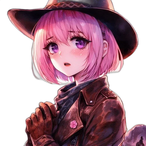 hat, jacket, weapon, face, anime, watercolor, pixel art, fantasy art transparent PNG cut-out