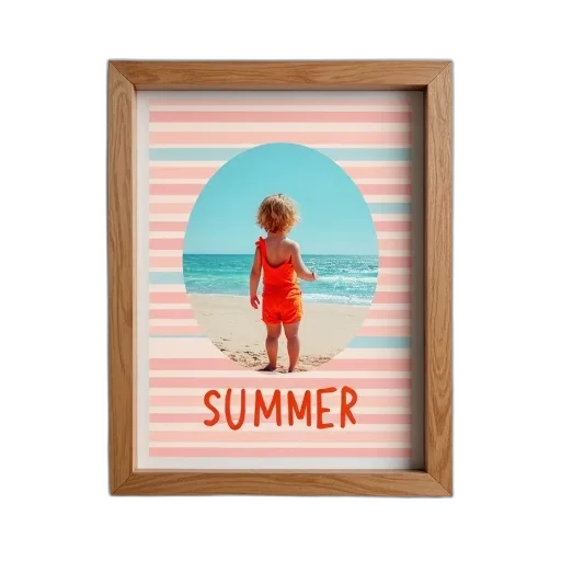 photorealistic, 3d render, beach, framed, picture, wooden, border, featuring transparent PNG cut-out