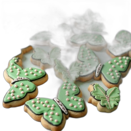 food, 3d render, photorealistic, green, butterfly, decorated, cookies, pink transparent PNG cut-out