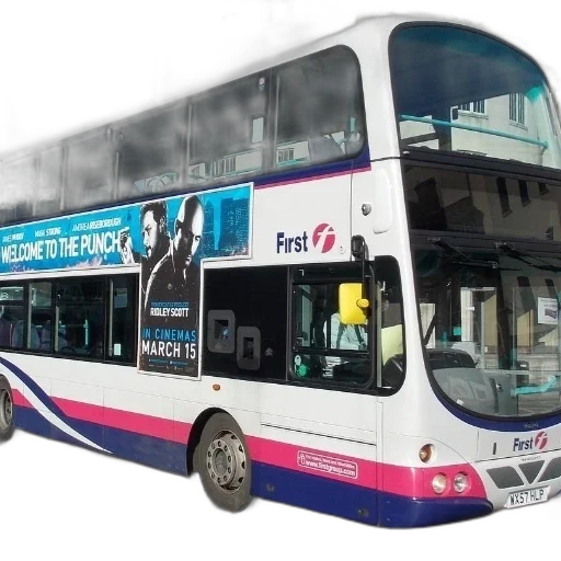 photorealistic, 3d render, double-decker, bus, advertisement, movie, welcome, punch transparent PNG cut-out