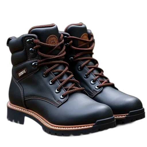 shoes, 3d render, photorealistic, pair, black, hiking, boots, brown transparent PNG cut-out