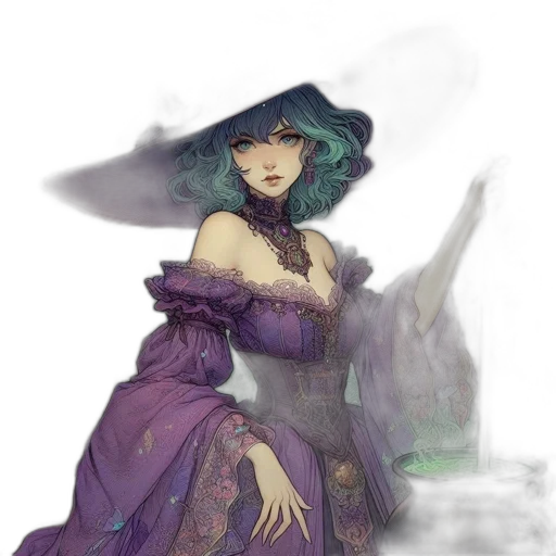dress, hat, staff, fantasy art, concept art, watercolor, pixel art, fog transparent PNG cut-out