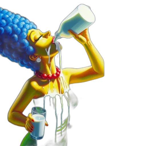 3d render, concept art, yellow-skinned, blue-haired, character, drinks, milk, bottle transparent PNG cut-out