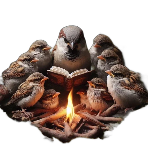 photorealistic, fire, central, bird, book, narrates, younger, ones transparent PNG cut-out
