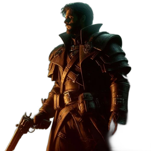 jacket, staff, weapon, sword, concept art, cyberpunk, fantasy art, 3d render transparent PNG cut-out