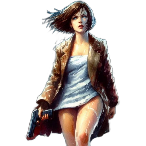 jacket, weapon, concept art, comic book art, cyberpunk, pixel art, blue, woman transparent PNG cut-out