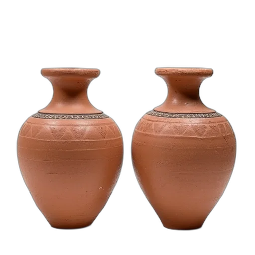 bottle, 3d render, photorealistic, earth tones, two, identical, clay, vases transparent PNG cut-out