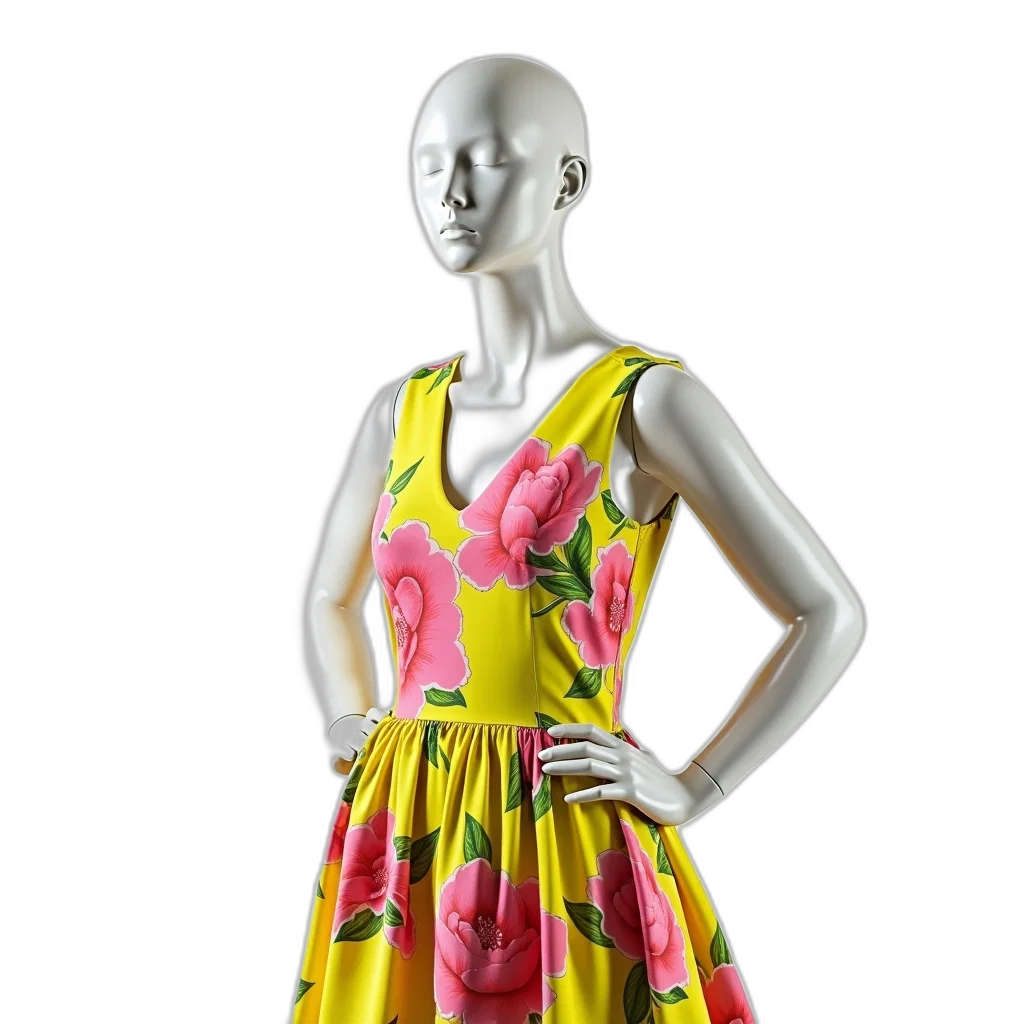 dress, 3d render, neon, mannequin, wearing, sleeveless, vibrant, floral transparent PNG cut-out