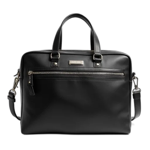 black, leather, satchel, silver, zipper, small, logo, front transparent PNG cut-out