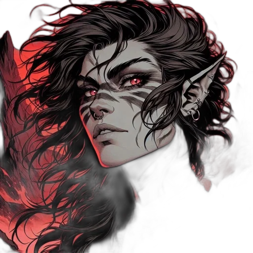 face, fantasy art, concept art, comic book art, watercolor, red, dark, monochrome transparent PNG cut-out