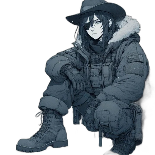 jacket, hat, weapon, animal, concept art, cyberpunk, pixel art, watercolor transparent PNG cut-out