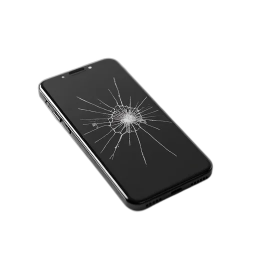 weapon, black, smartphone, cracked, screen, displayed, white, background transparent PNG cut-out