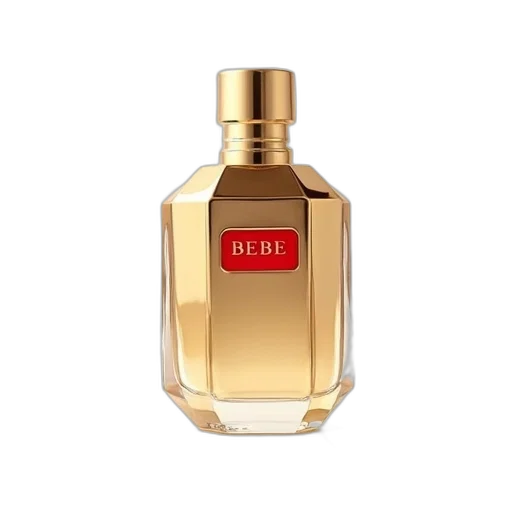 bottle, 3d render, gold-colored, perfume, hexagonal, shape, red, label transparent PNG cut-out