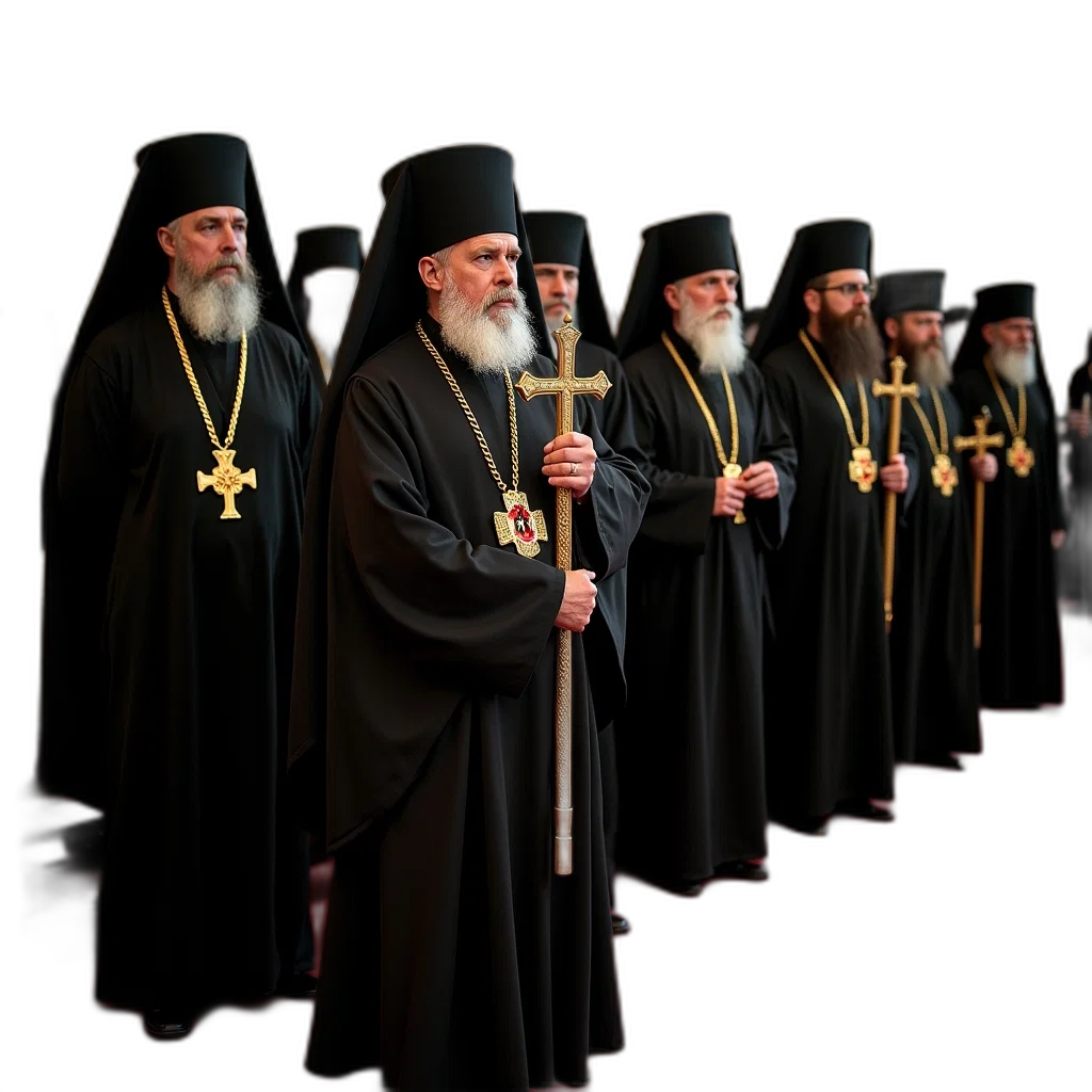 staff, group, orthodox, priests, traditional, black, robes, green transparent PNG cut-out