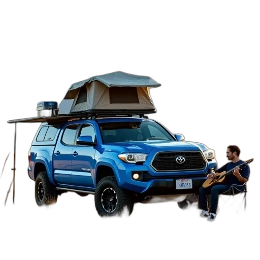car, blue, toyota, truck, parked, field, tent, top transparent PNG cut-out