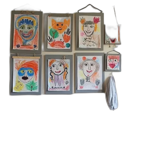 mask, jewelry, colorful, display, children, artwork, arranged, wall transparent PNG cut-out