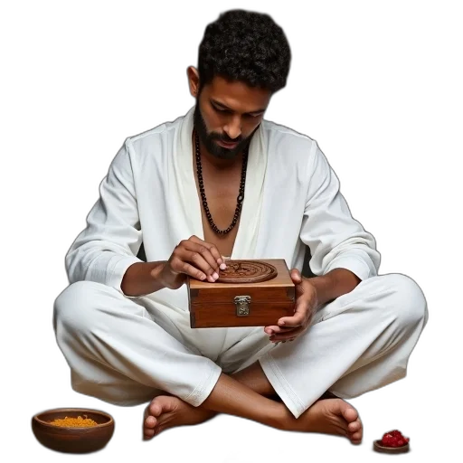 staff, man, sitting, cross-legged, ground, surrounded, various, items transparent PNG cut-out