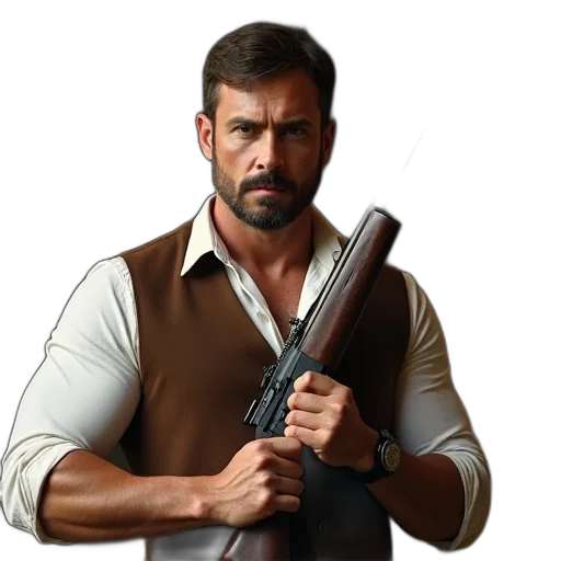 photorealistic, concept art, man, muscular, build, holding, rifle, wearing transparent PNG cut-out