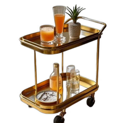 furniture, 3d render, gold, tray, trolley, filled, drinks transparent PNG cut-out