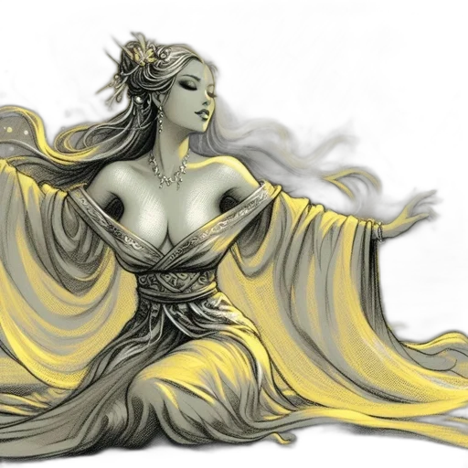 dress, fantasy art, concept art, comic book art, pencil sketch, fire, underwater, golden transparent PNG cut-out