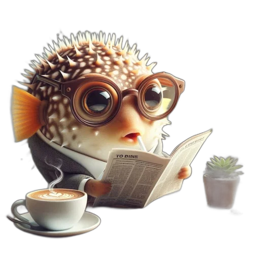 3d render, photorealistic, fantasy art, concept art, anthropomorphic, scene, pufferfish, glasses transparent PNG cut-out