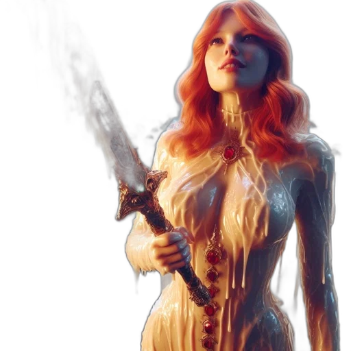 dress, comic book art, concept art, fantasy art, photorealistic, fire, golden, striking transparent PNG cut-out