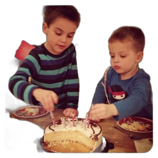 food, photorealistic, two, boys, sitting, table, birthday, cake transparent PNG cut-out