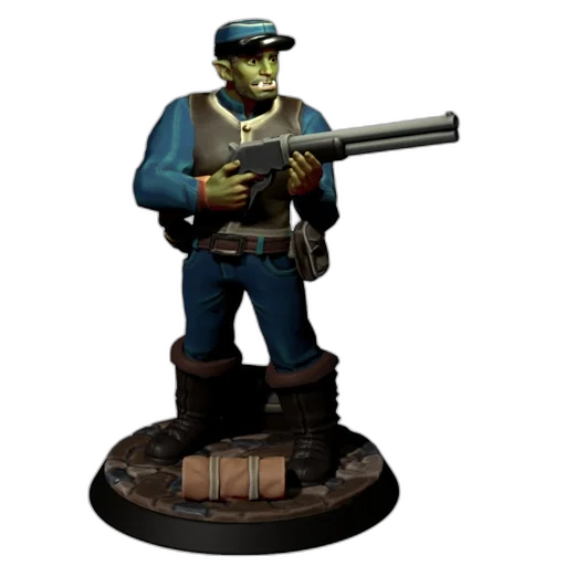 staff, weapon, hat, concept art, 3d render, pixel art, green-skinned, blue-uniformed transparent PNG cut-out
