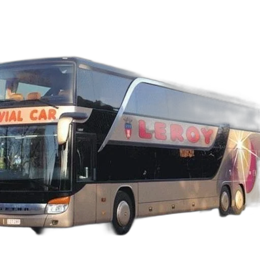 3d render, photorealistic, concept art, double-decker, bus, word, leroy, written transparent PNG cut-out