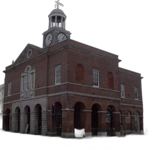building, 3d render, city street, red, brick, clock, tower, top transparent PNG cut-out