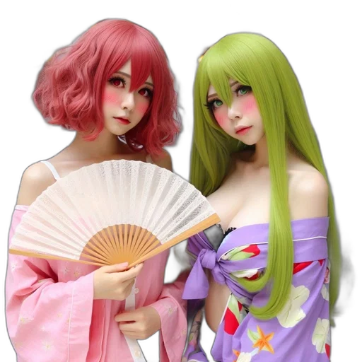 3d render, photorealistic, anime, vaporwave, green, pastel, colorful, two transparent PNG cut-out