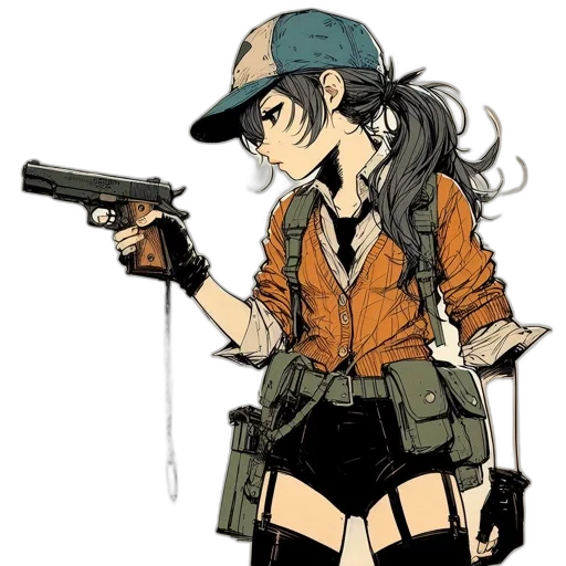 weapon, jacket, hat, staff, anime, concept art, cartoon, comic book art transparent PNG cut-out